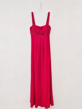 Fuchsia Pink Beaded Empire Waist Ruched Maxi Dress